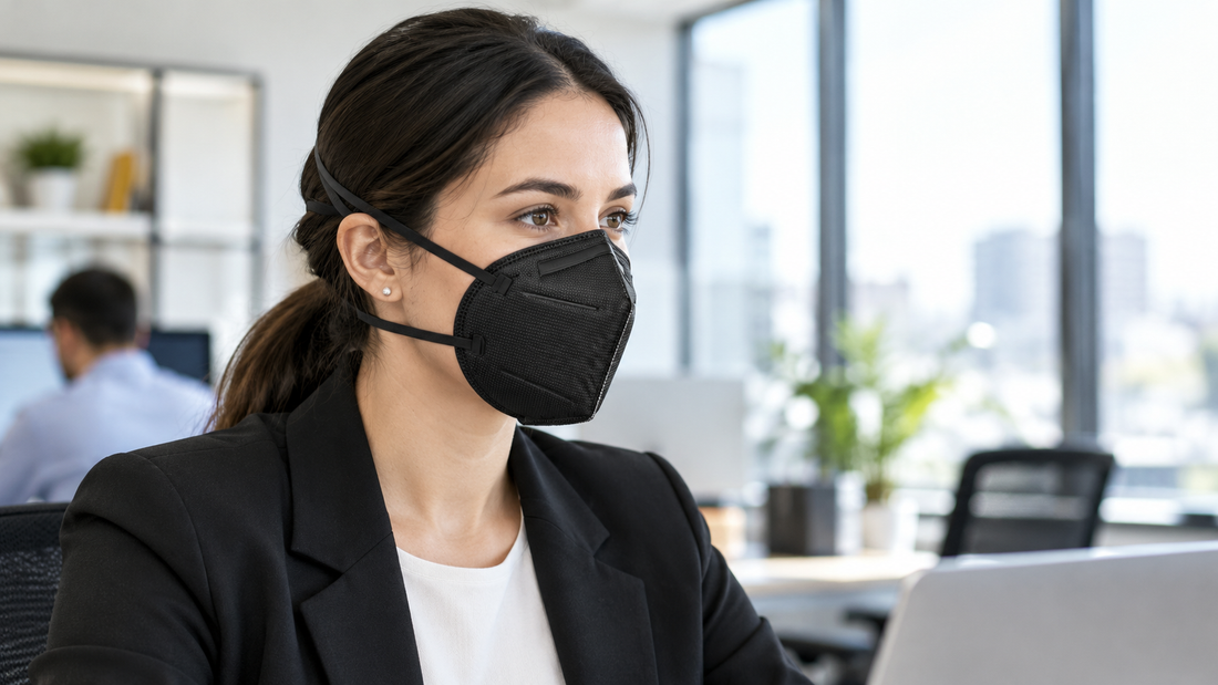 Woman wearing a black face mask while working at a laptop in a sunlit office.