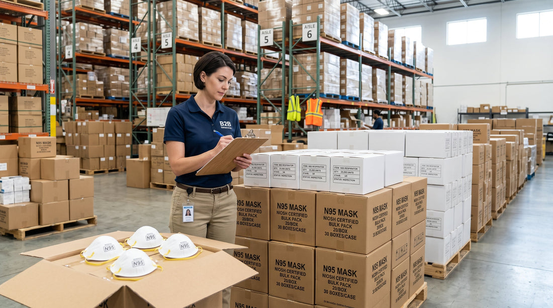 Bulk N95 masks and PPE boxes in a warehouse
