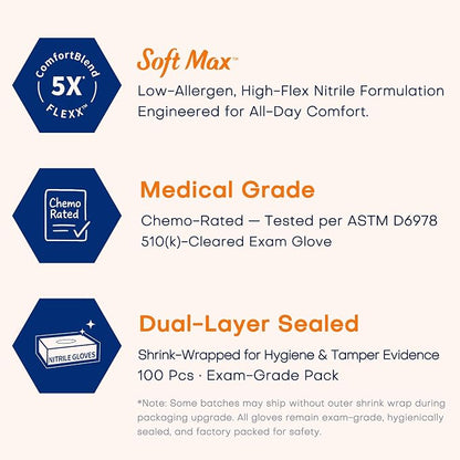 Medical Soft Max Nitrile Exam Gloves Powder-Free Disposable 100 Ct | Soft Stretch Fit | Powder-Free | Latex-Free | Examination | Cooking | Cleaning· Food Prep | 100 Count | Blue