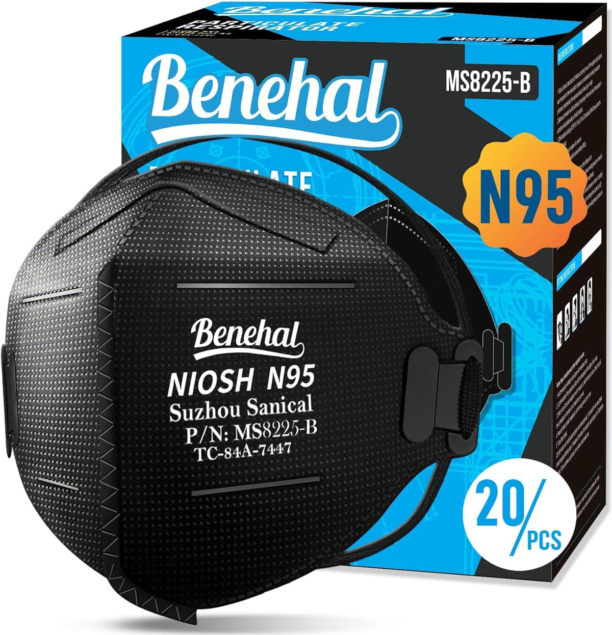 Benehal Black N95 Mask Pack of 20 - NIOSH Approved Respirators