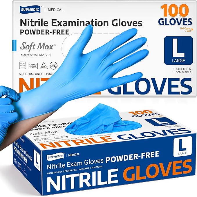 Medical Soft Max Nitrile Exam Gloves Powder-Free Disposable 100 Ct | Soft Stretch Fit | Powder-Free | Latex-Free | Examination | Cooking | Cleaning· Food Prep | 100 Count | Blue