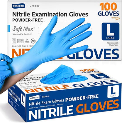 Medical Soft Max Nitrile Exam Gloves Powder-Free Disposable 100 Ct | Soft Stretch Fit | Powder-Free | Latex-Free | Examination | Cooking | Cleaning· Food Prep | 100 Count | Blue