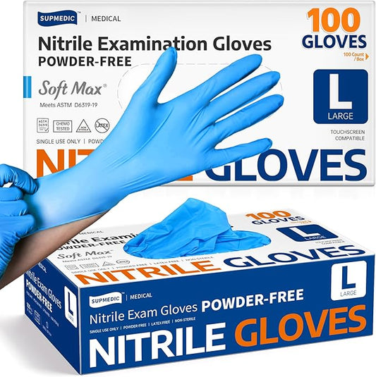 Medical Soft Max Nitrile Exam Gloves Powder-Free Disposable 100 Ct | Soft Stretch Fit | Powder-Free | Latex-Free | Examination | Cooking | Cleaning· Food Prep | 100 Count | Blue